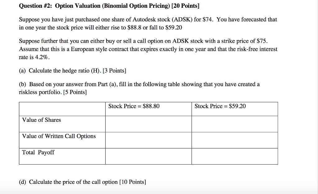  Question #2: Option Valuation (Binomial Option Pricing) [20 Points] Suppose you