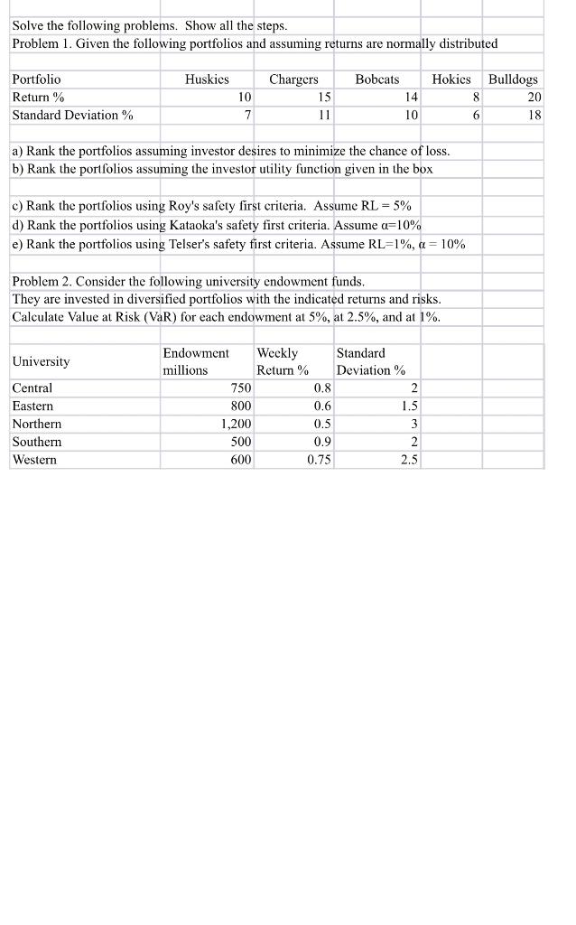 problems. Show all the steps. Problem 1. Given the following portfolios and