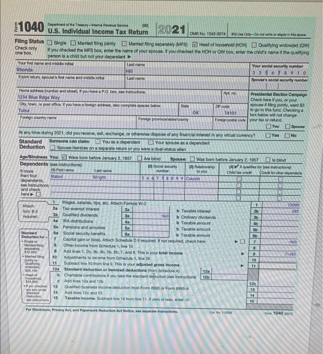 complete Rhonda Hill's federal income tax return. If any information is missing,