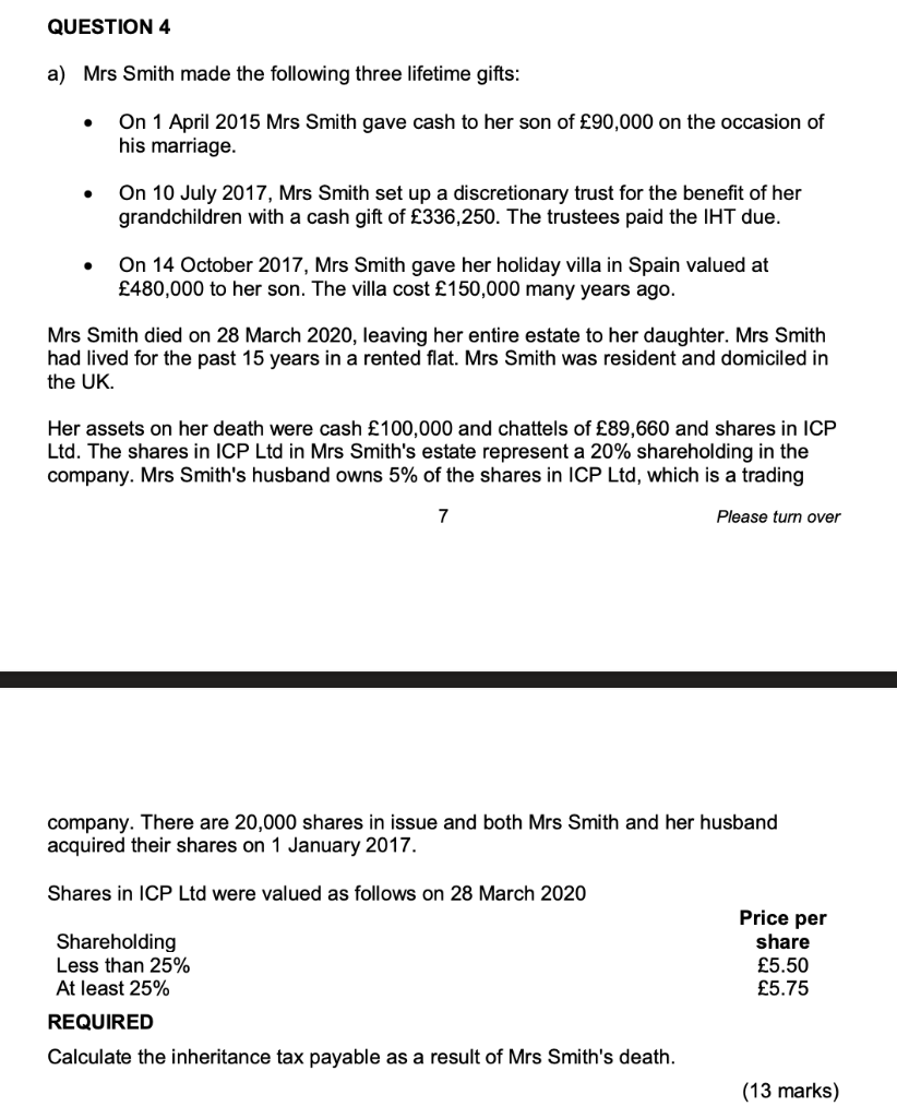 QUESTION 4 a) Mrs Smith made the following three lifetime gifts: