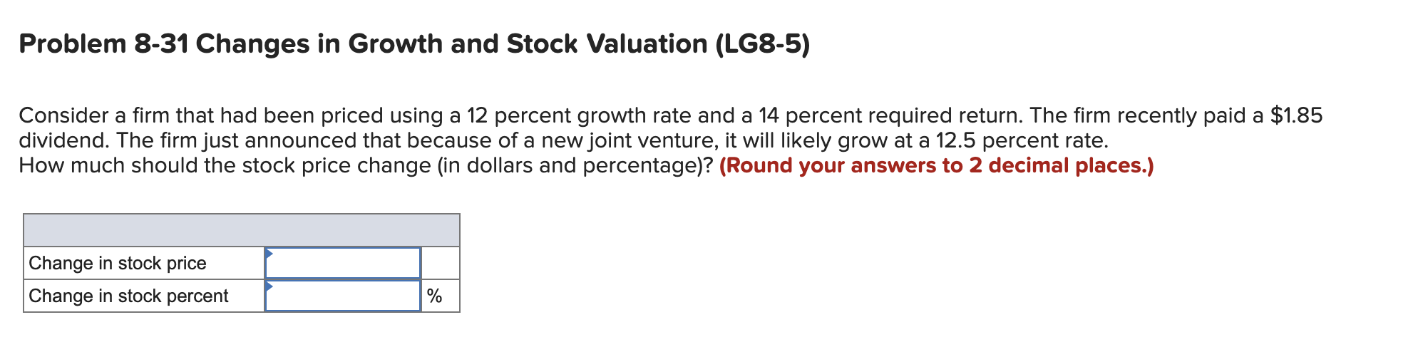 Problem 8-31 Changes in Growth and Stock Valuation (LG8-5) Consider a