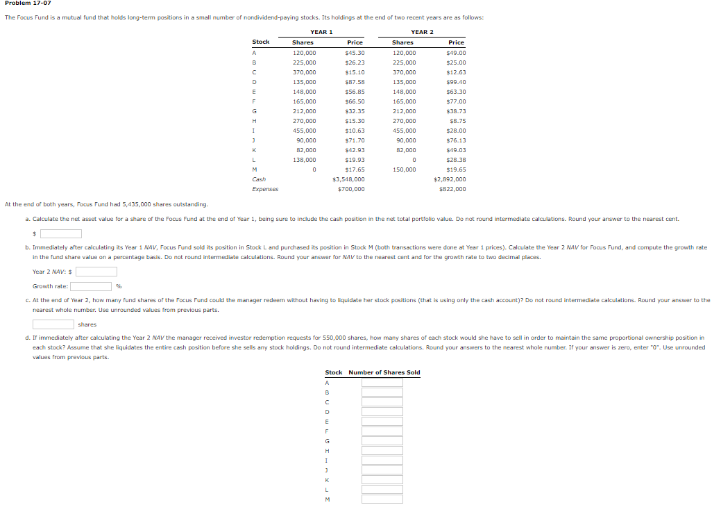 Problem 17-07 The Focus Fund is a mutual fund that holds
