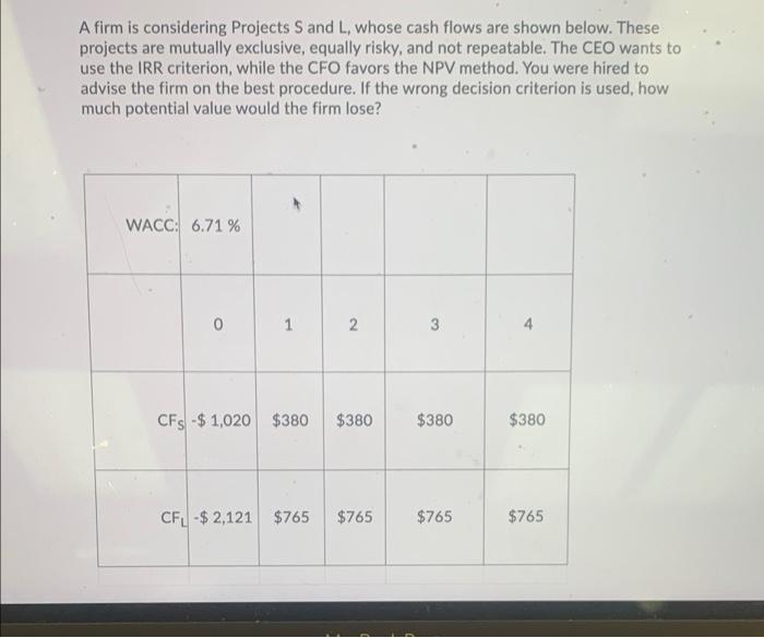  A firm is considering Projects S and L, whose cash flows