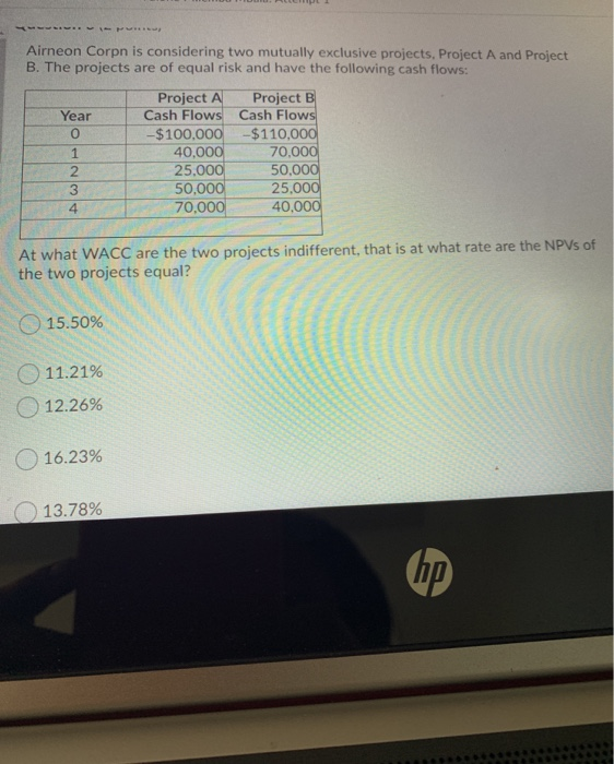  Airneon Corpn is considering two mutually exclusive projects, Project A and