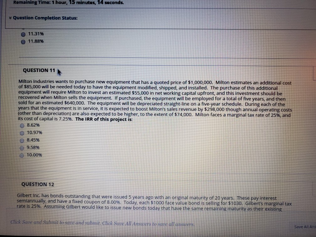  Remaining Time: 1 hour, 15 minutes, 14 seconds. Question Completion Status: