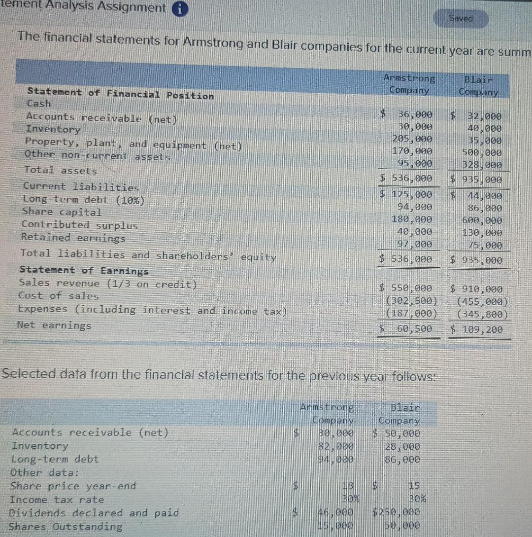 ement Analysis Assignment i Saved The financial statements for Armstrong and