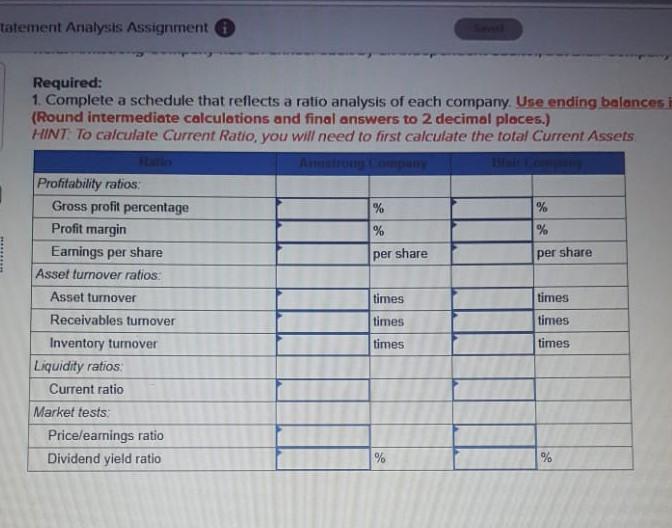 Blair companies for the current year are summ Armstrong Company Blair Company