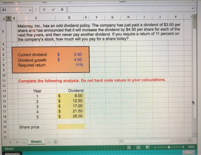  how do I answer the share price using excel functions? D