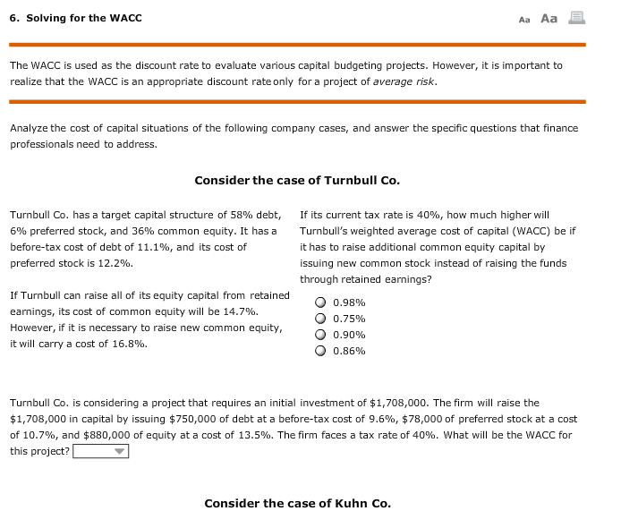 6. Solving for the WACC Aa Aa The WACC is used