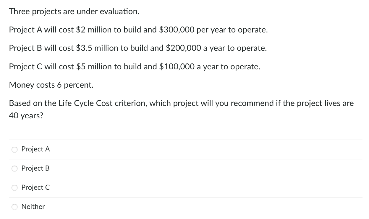 Three projects are under evaluation. Project A will cost $2 million to