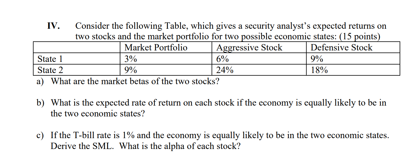 IV. Consider the following Table, which gives a security analyst's expected