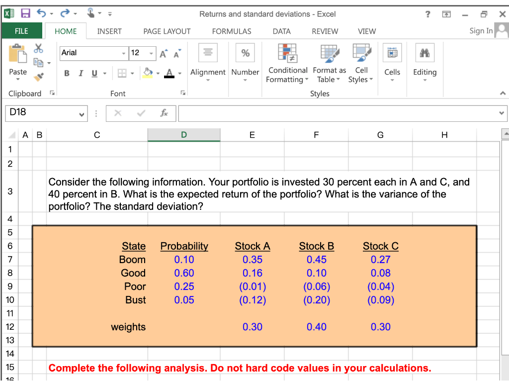 Consider the X Returns and standard deviations - Excel ? 5 X