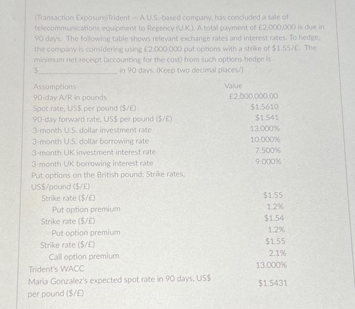  (Transaction Exposure) Trident - A U.S.-based company. has concluded a sale