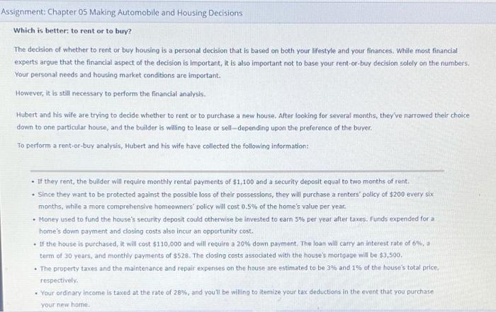 chapter 5 assignment Assignment: Chapter os Making Automobile and Housing Decisions which