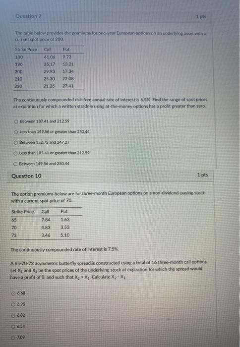  Question 9 1 pts The table below provides the premium for