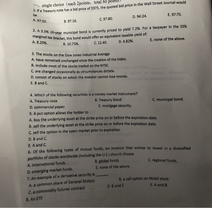  single choice (each 2points, total 60 points Ha Treasury note has