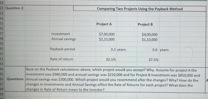  21 22 Question 2: Comparing Two Projects Using the Payback Method