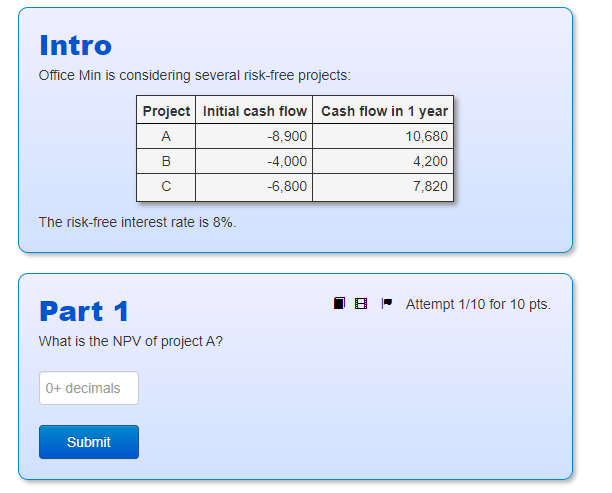 Intro Office Min is considering several risk-free projects: Project Initial cash