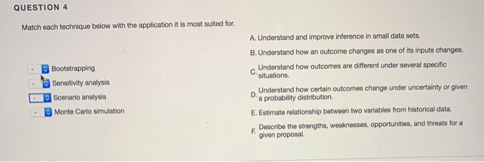  QUESTION 4 Match each technique below with the application it is