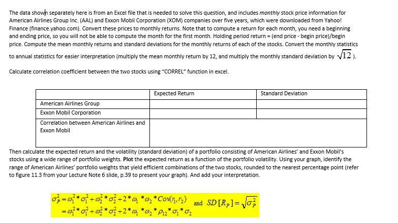 Raw data from Excel for American Airlines (AAL) and Exxon Mobile