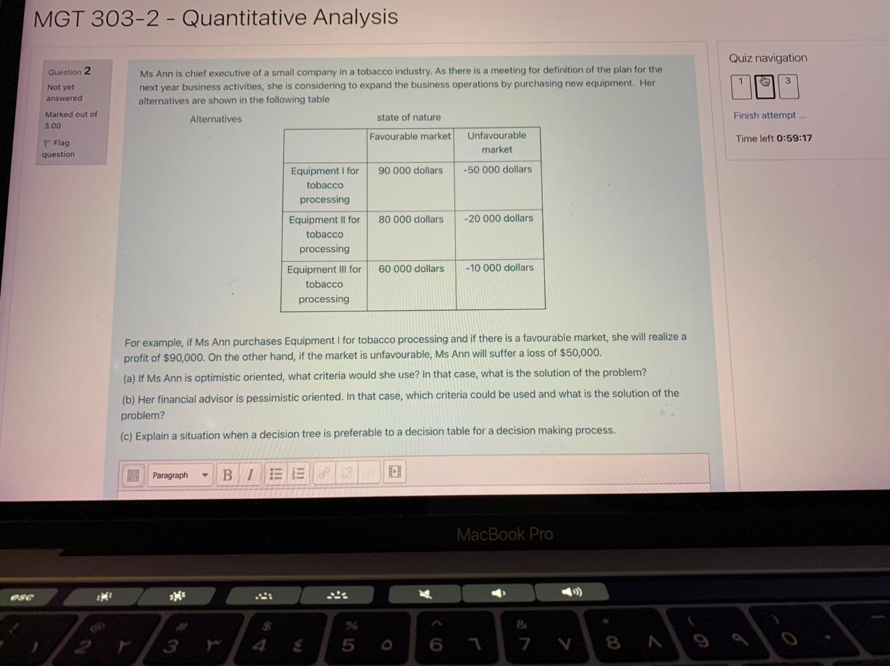 MGT 303-2 - Quantitative Analysis Quiz navigation Question 2 1 3