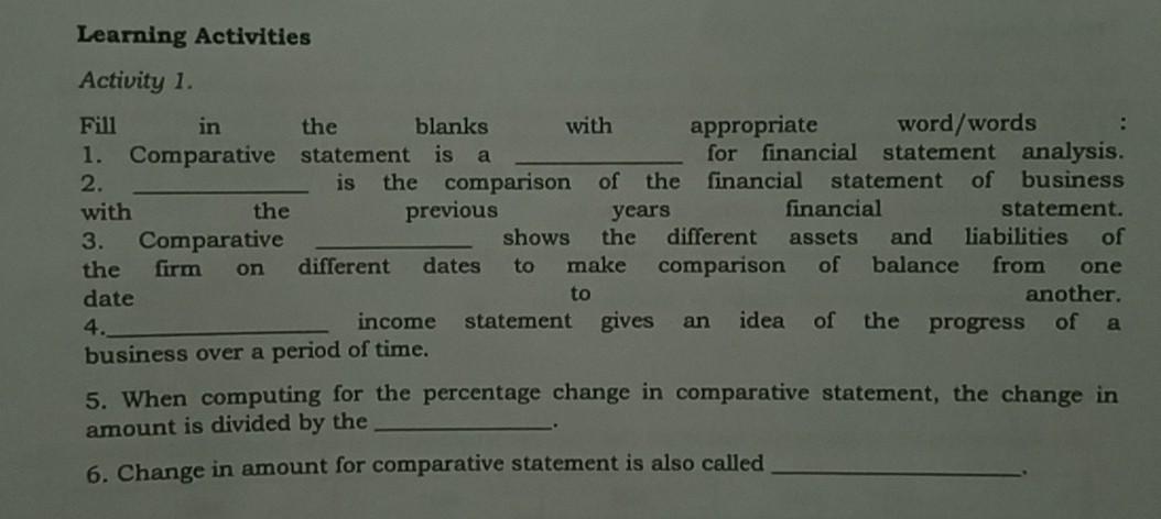 the Learning Activities Activity 1. Fill in the blanks with appropriate