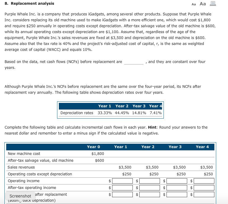  Thanks! 8. Replacement analysis Aa Aa E Purple Whale Inc. is
