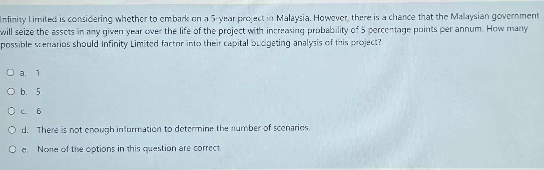 Infinity Limited is considering whether to embark on a 5-year project