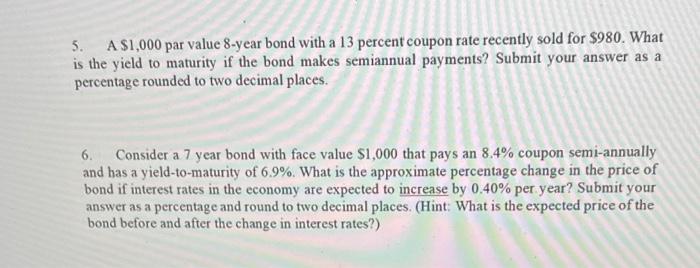how do you put into excel and slove 5. A $1,000 par