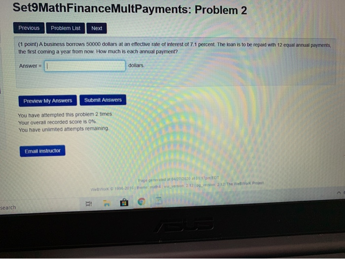  Set9 Math Finance MultPayments: Problem 2 Previous Problem List Next (1