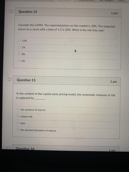 expected return on the well- diversified portfolio? 10% 14% 16% 12% Question