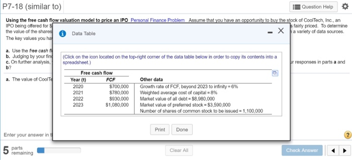 free cash flow valuation model to price an IPO Personal Finance Problem