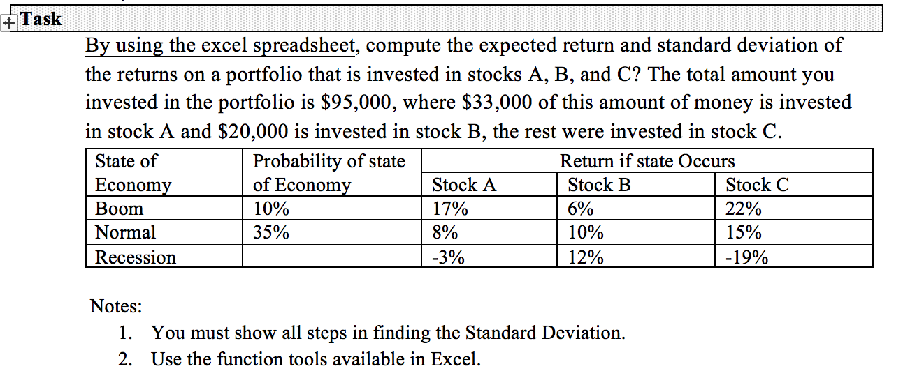  + Task By using the excel spreadsheet, compute the expected return
