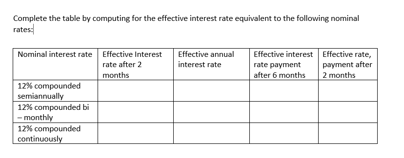 Show solutions thank you! Complete the table by computing for the effective