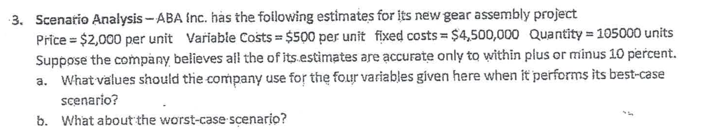  3. Scenario Analysis - ABA Inc. has the following estimates for