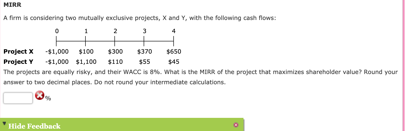  MIRR A firm is considering two mutually exclusive projects, X and