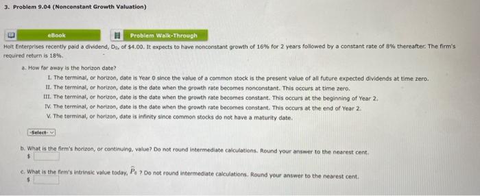  3. Problem 9.04 (Nonconstant Growth Valuation) eBook Problem Walk-Through Hoit Enterprises