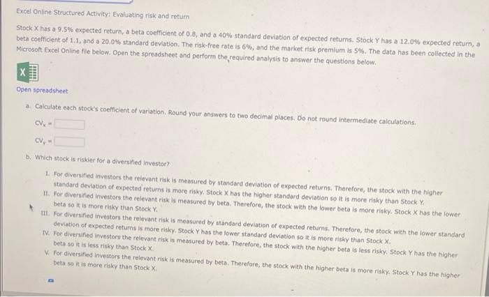 help please Excel Online Structured Activity: Evaluating risk and return Stock X