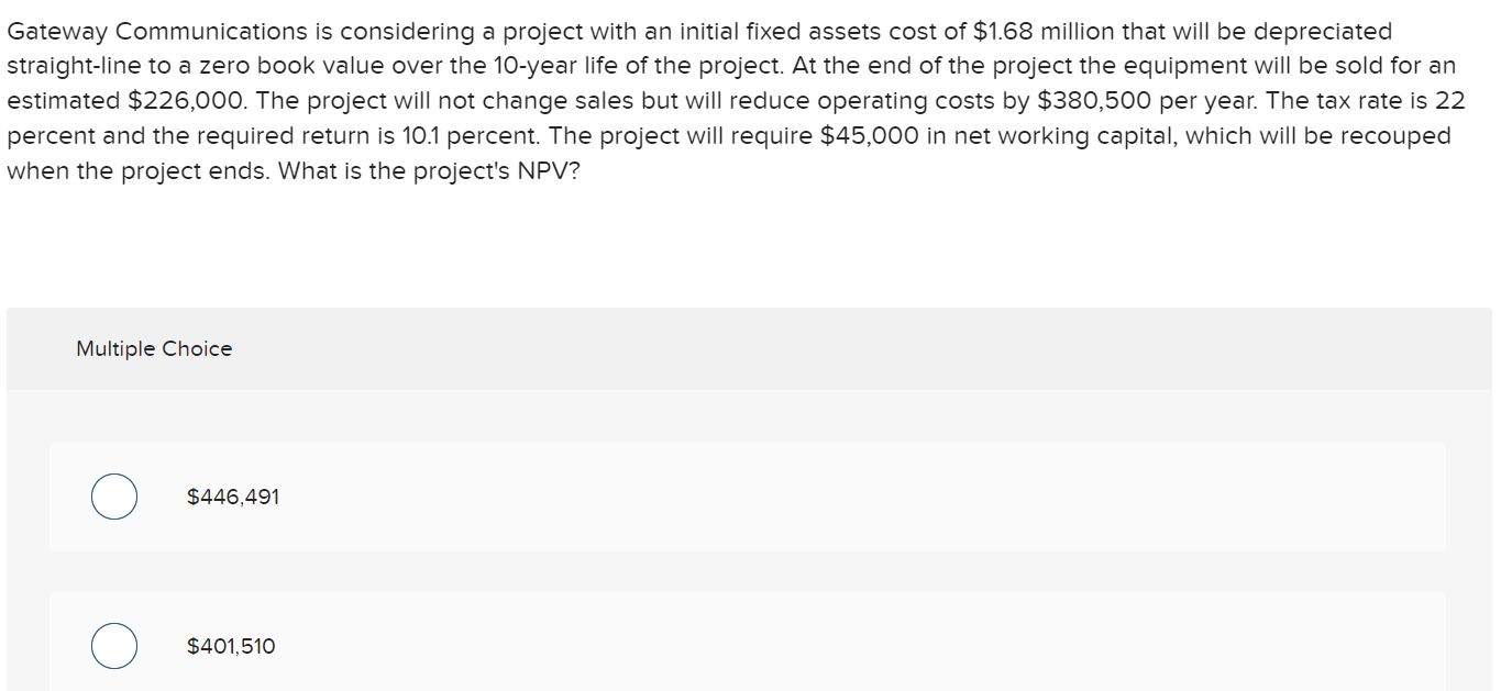 Gateway Communications is considering a project with an initial fixed assets