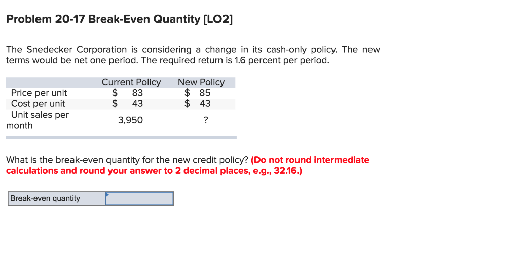  Problem 20-17 Break-Even Quantity [LO2] The Snedecker Corporation is considering a