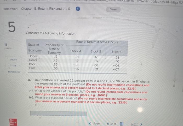  ernal_browser=0&launchUrl=https%2 Homework - Chapter 13. Return, Risk and the S.. Saved