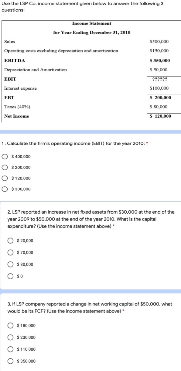 Use the LSP Co. income statement given below to answer the