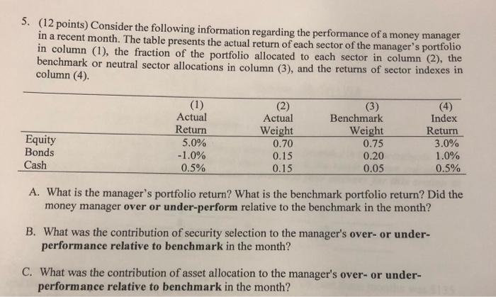  5. (12 points) Consider the following information regarding the performance of