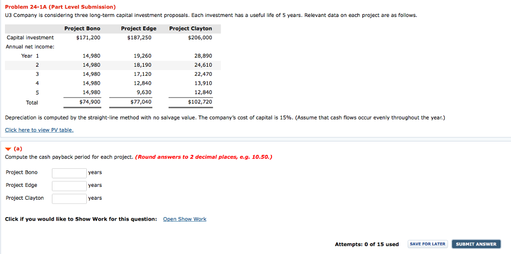  Problem 24-1A (Part Level Submission) U3 Company is considering three long-term