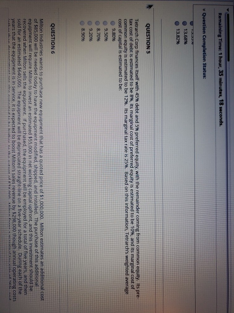  Remaining Time: 1 hour, 35 minutes, 18 seconds. Question Completion Status: