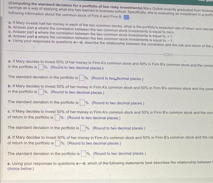  (Computing the standard deviation for a portfolio of two risky investments)
