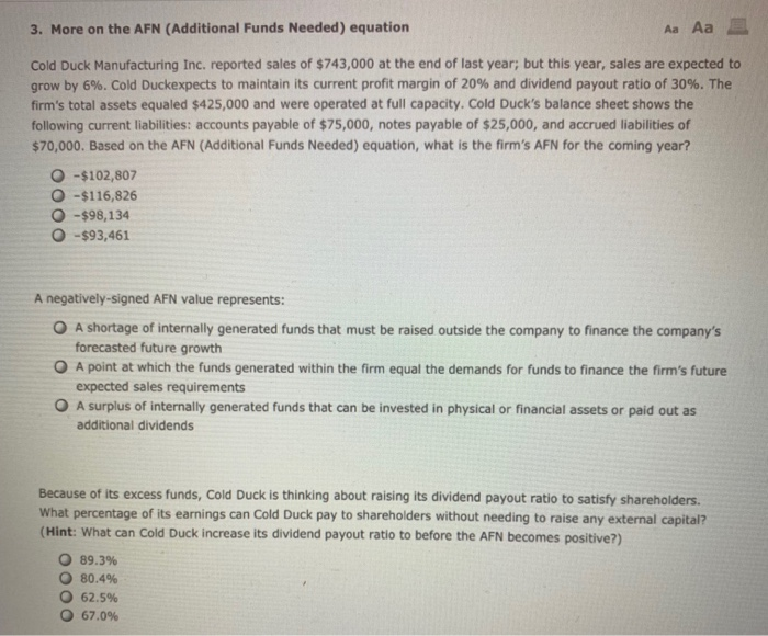  3. More on the AFN (Additional Funds Needed) equation Aa Aa