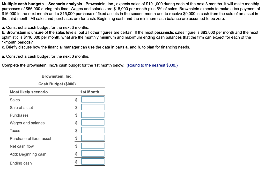 Please answer A-C Multiple cash budgetsScenario analysis Brownstein, Inc., expects sales of