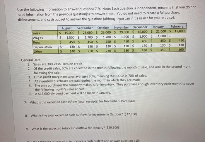  Use the following information to answer questions 7.9. Note: Each question