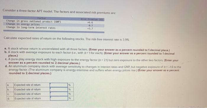  Consider a three-factor APT model. The factors and associated risk premiums